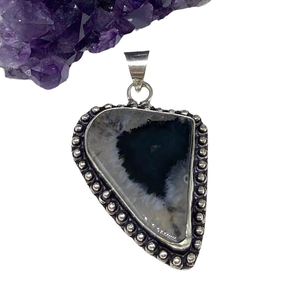 New Solar Agate Crystal Natural Stone Pendant. 2 1/8” Long. 925 silver overlay